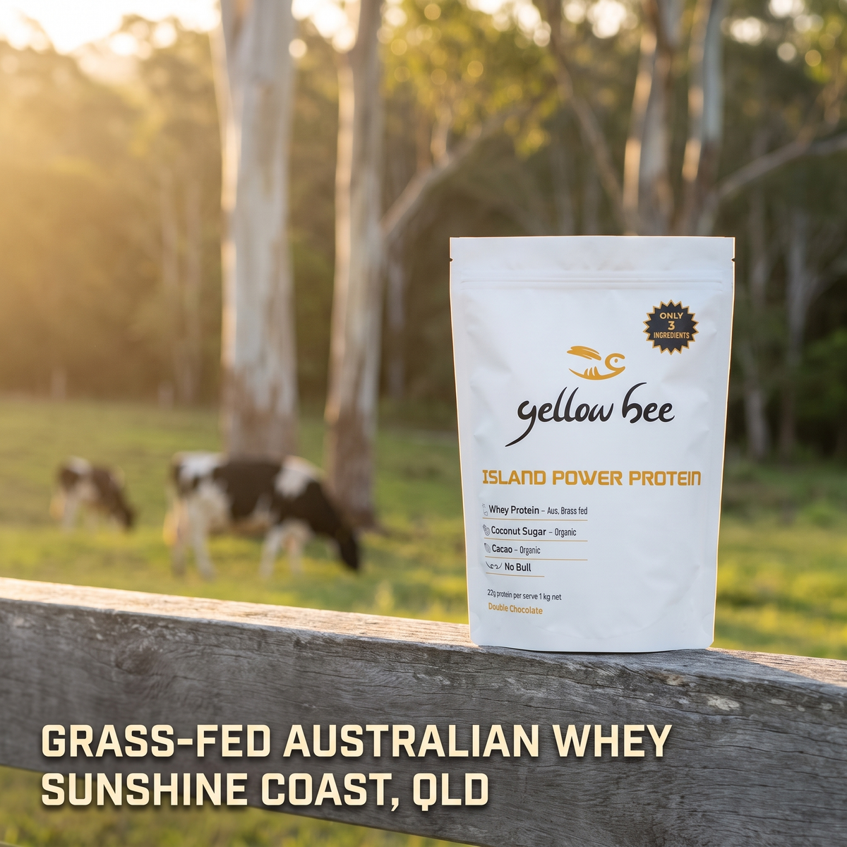 Yellow Bee Island Power Protein 1kg bag on a fence rail in an Australian dairy paddock with gum trees and grazing cows