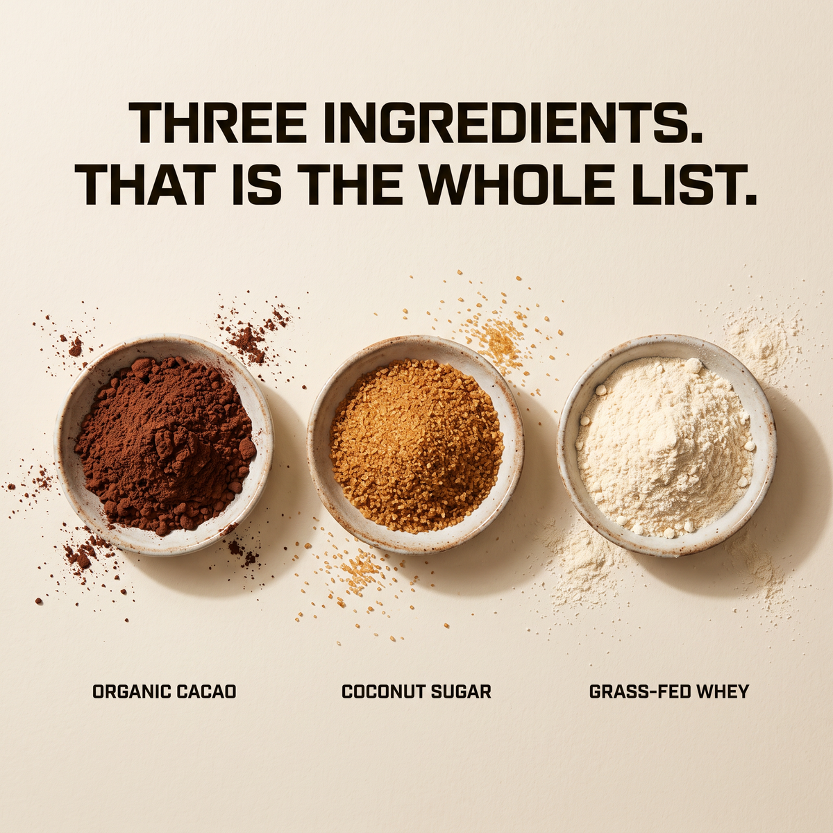 The three ingredients in Island Power Protein: organic cacao, organic coconut sugar and Australian grass-fed whey