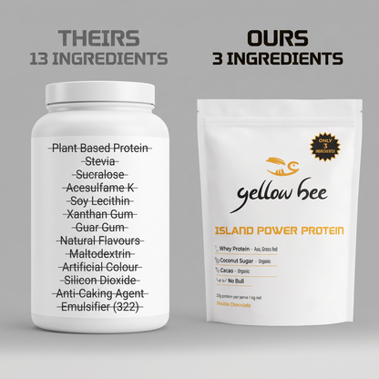 Ingredient comparison showing a typical protein powder with 13 ingredients crossed out beside Island Power Protein with three